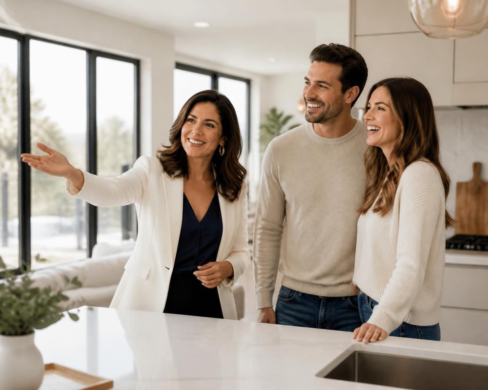 Agent showing a couple through a bright kitchen