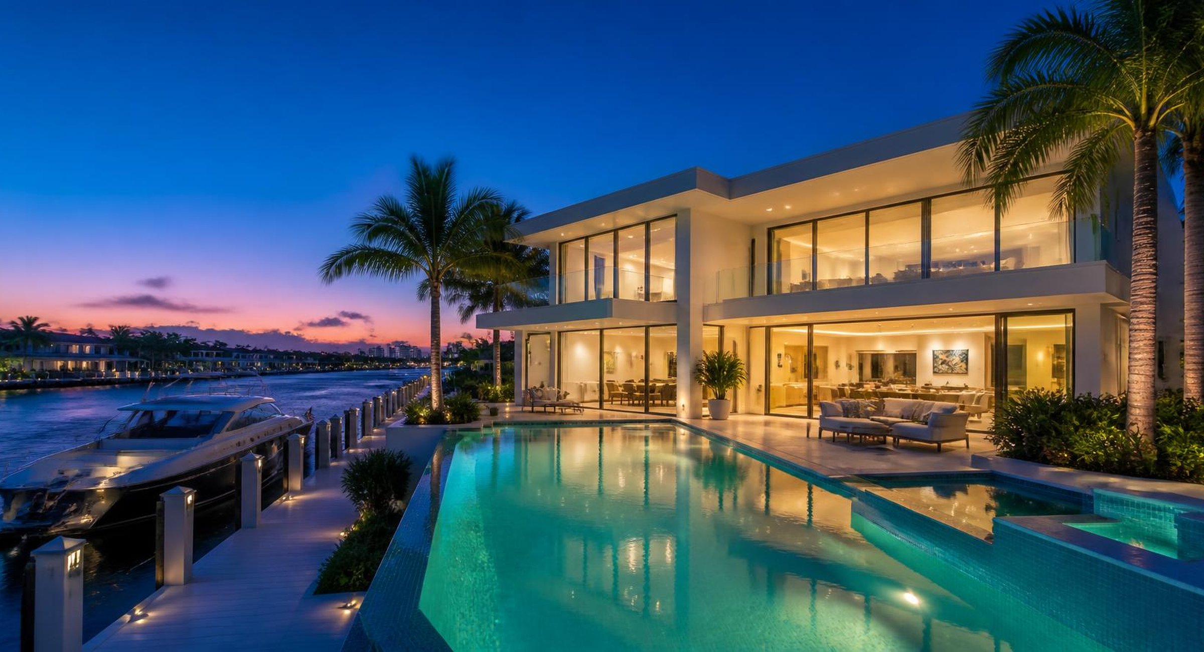 Modern waterfront home with infinity pool and yacht dock at dusk