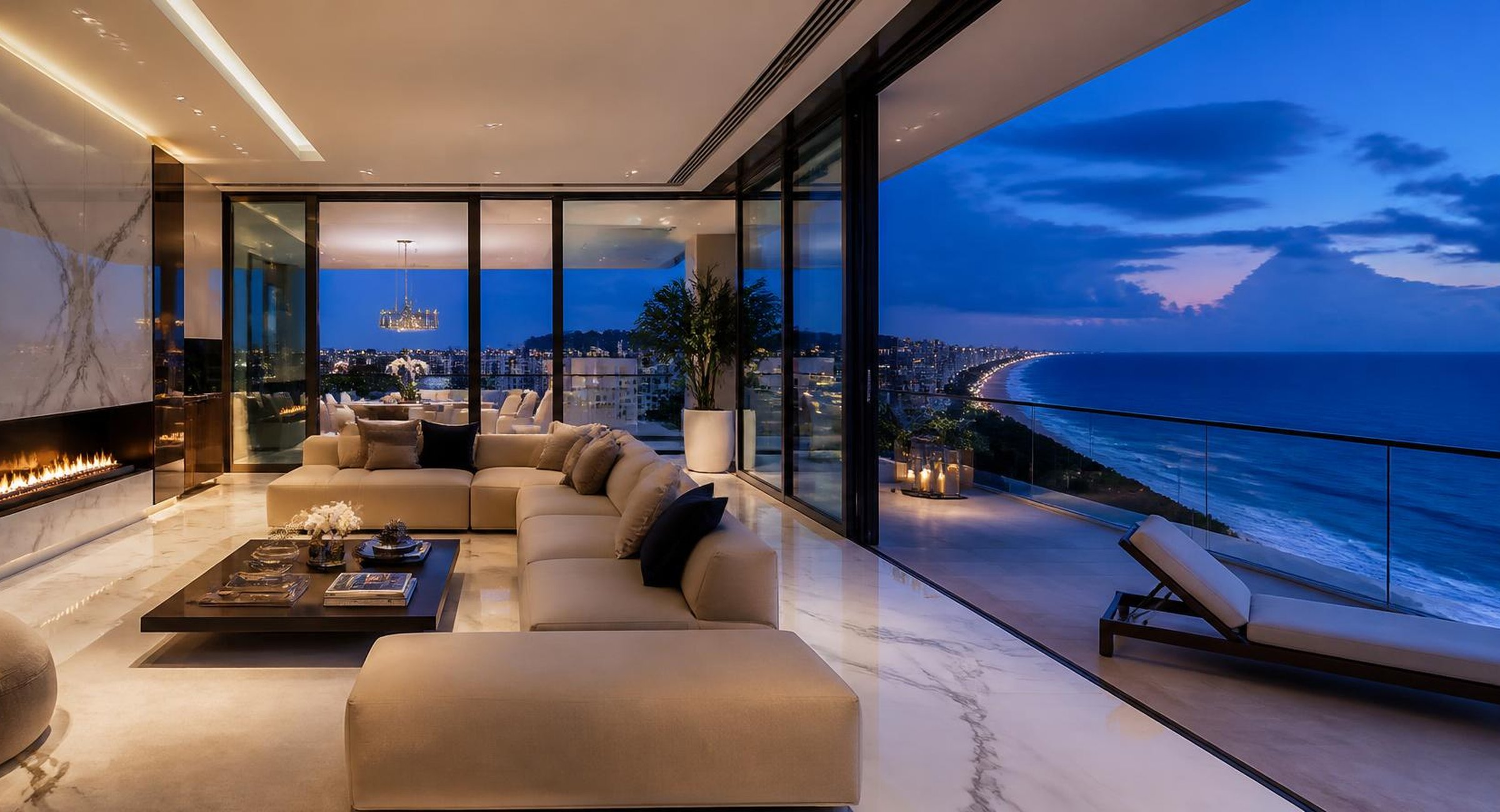 Oceanfront penthouse living room at blue hour