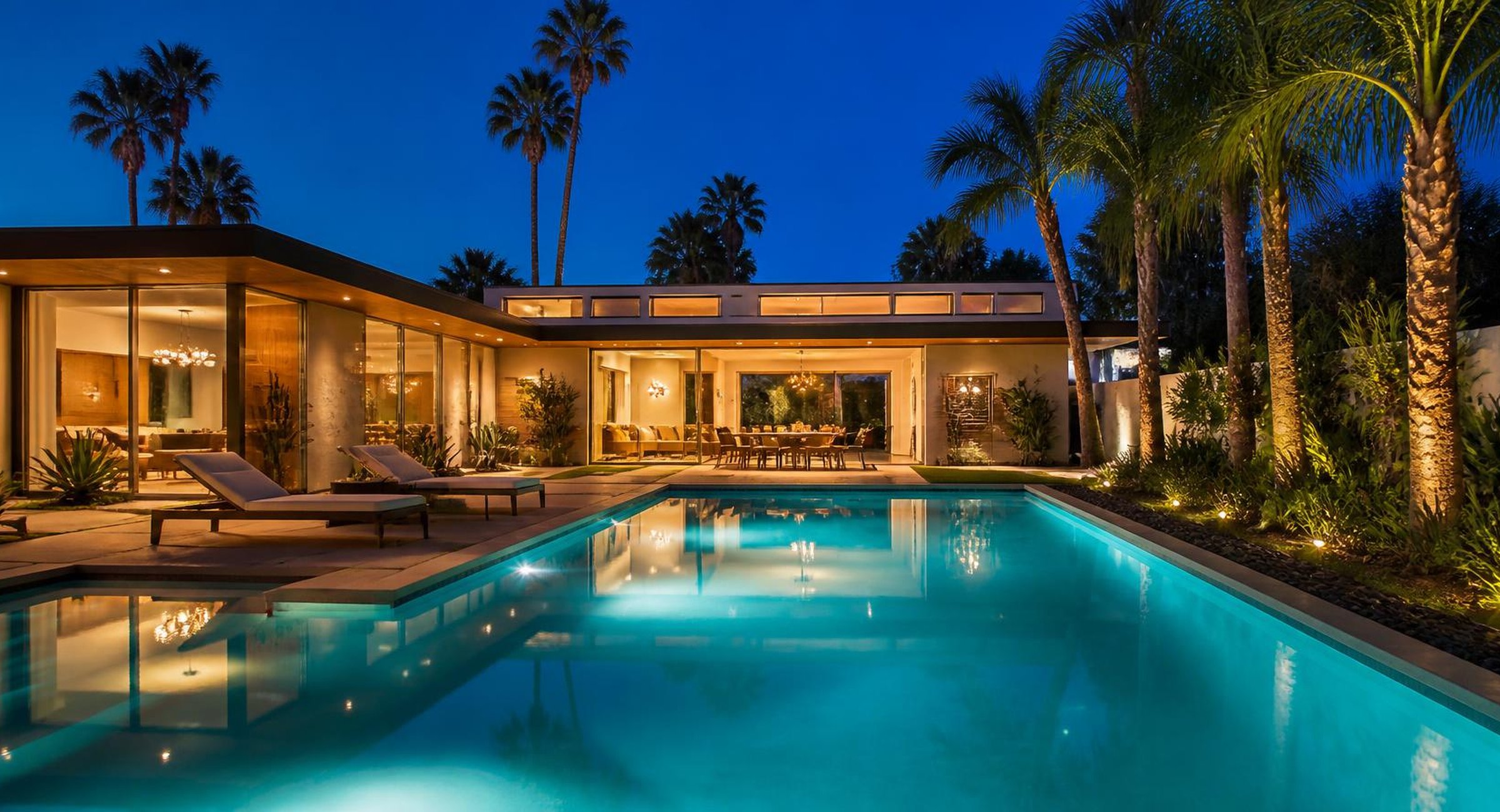 Mid-century modern home with long pool at dusk