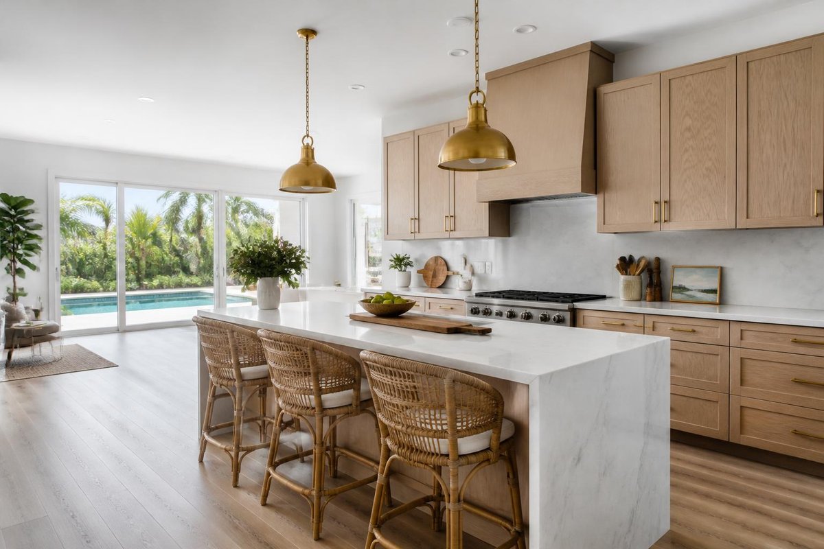 Renovated kitchen with waterfall island